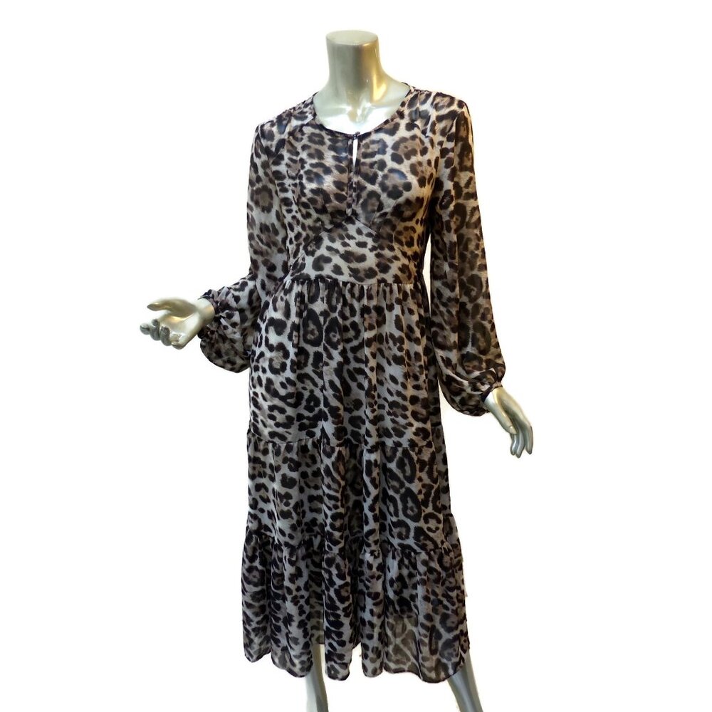 FATE Sheer Leopard Print Tiered Dress Small Empire Basque Waist Boho Goth Fitted
